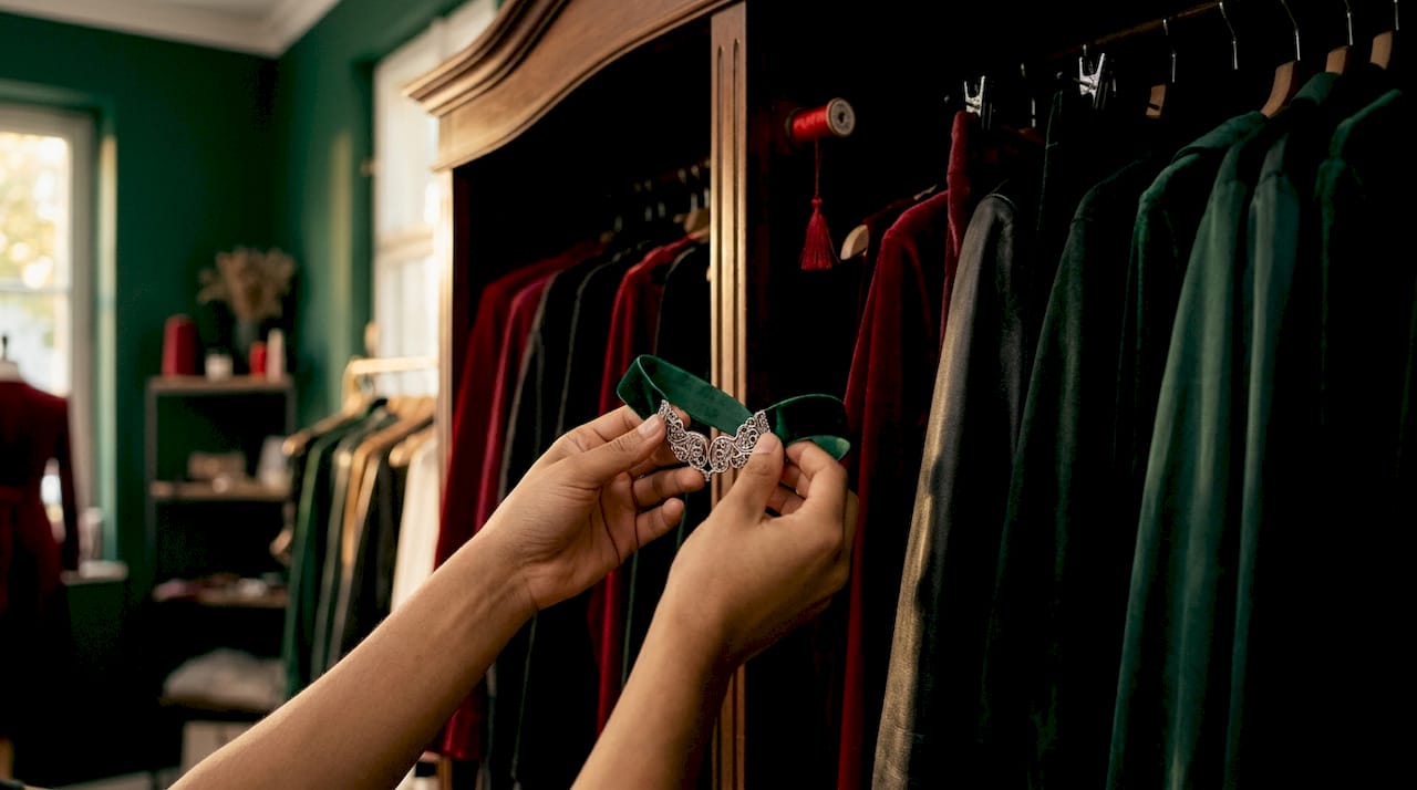 Hands adjusting leather collar on dressing table