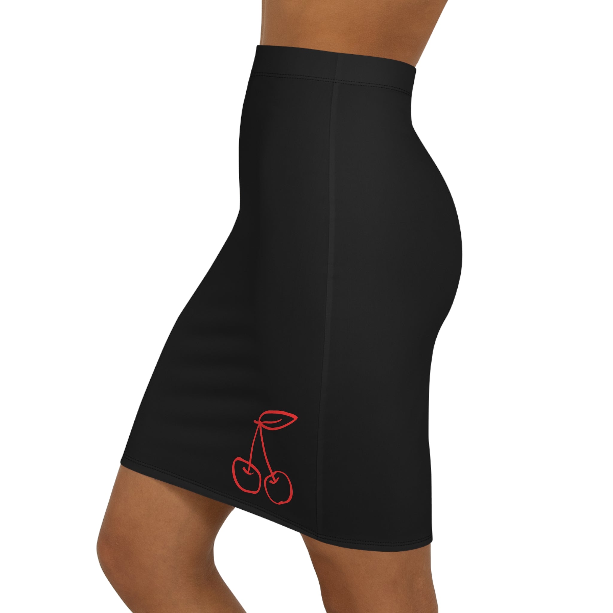 Side view of black high-waisted pencil skirt with red cherry motif, Discreet Collection by Findom Attire