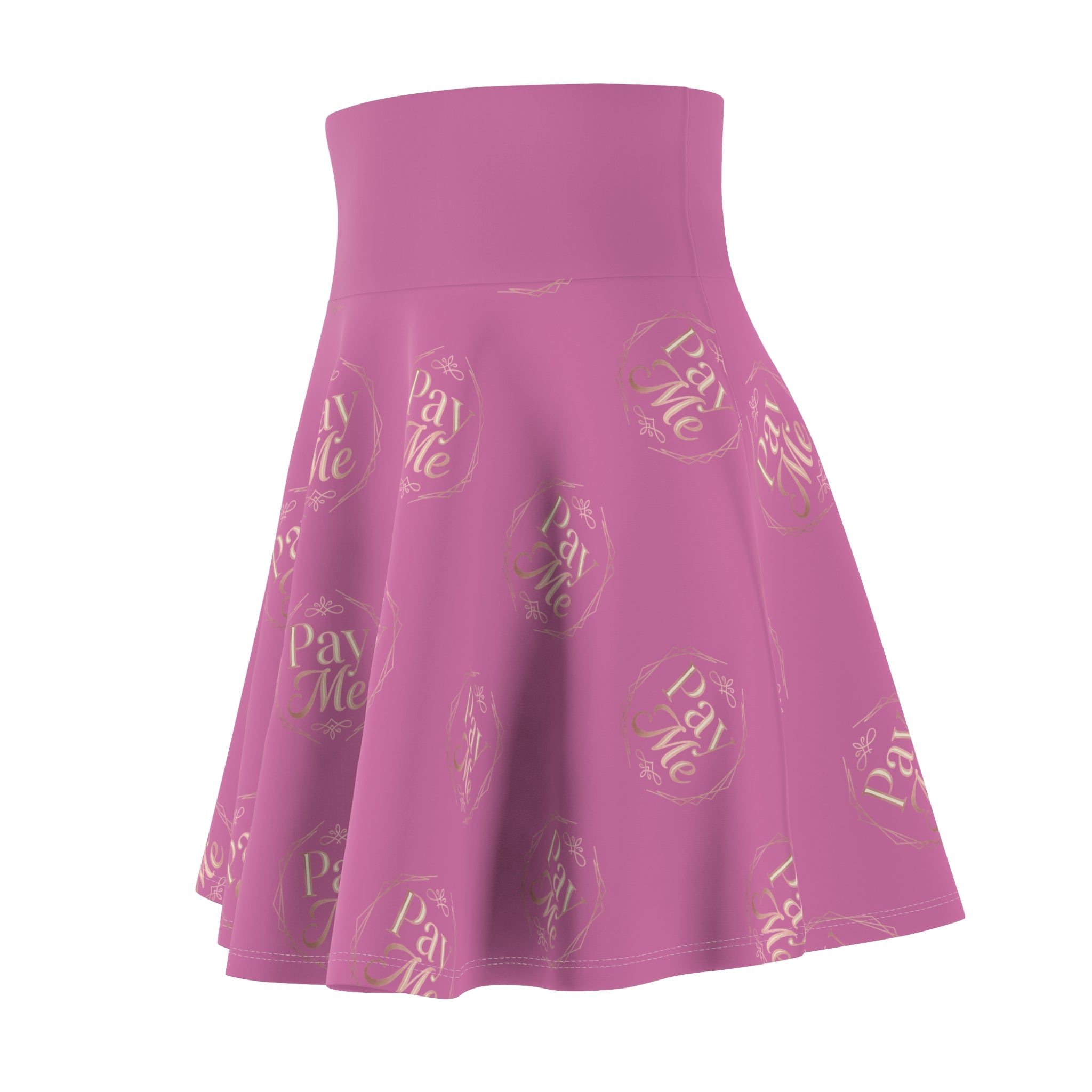 Close-up of Pay Me print detail on pink skater skirt, Findom Attire