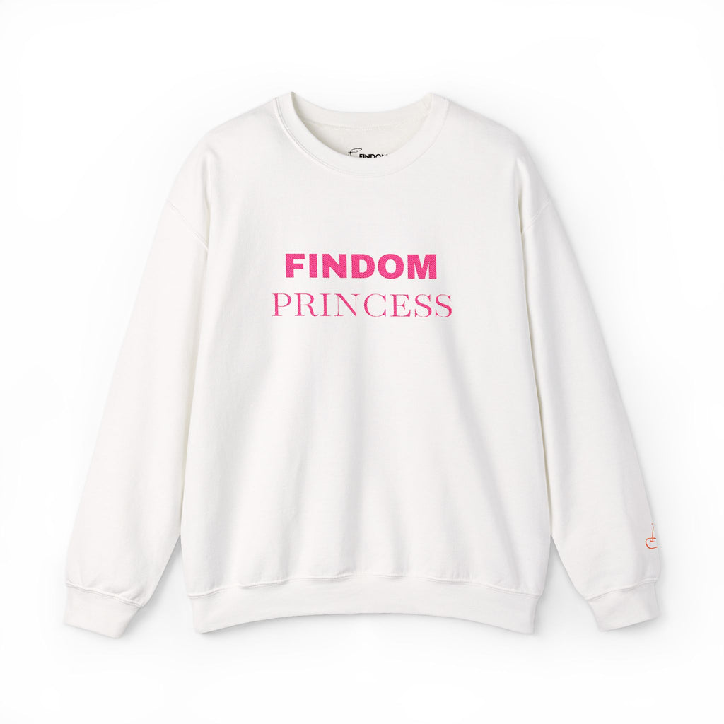 Close-up of embroidered Findom Princess lettering on crewneck jumper, Findom Attire