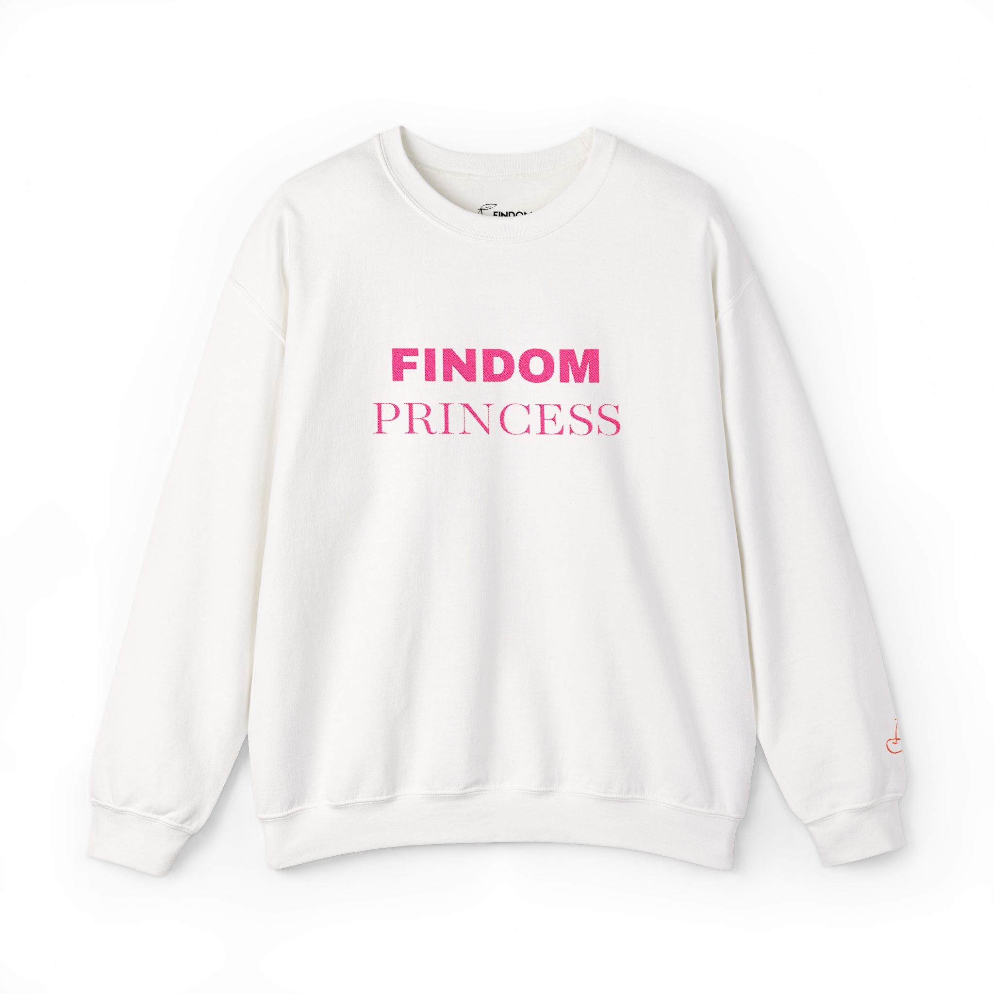 Close-up of embroidered Findom Princess lettering on crewneck jumper, Findom Attire