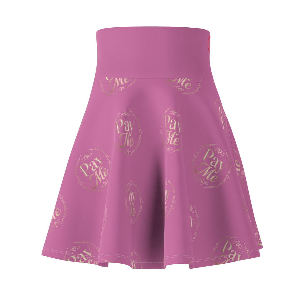 Side view of pink circle-cut skirt with gold Pay Me print, Findom Attire Goddesses collection