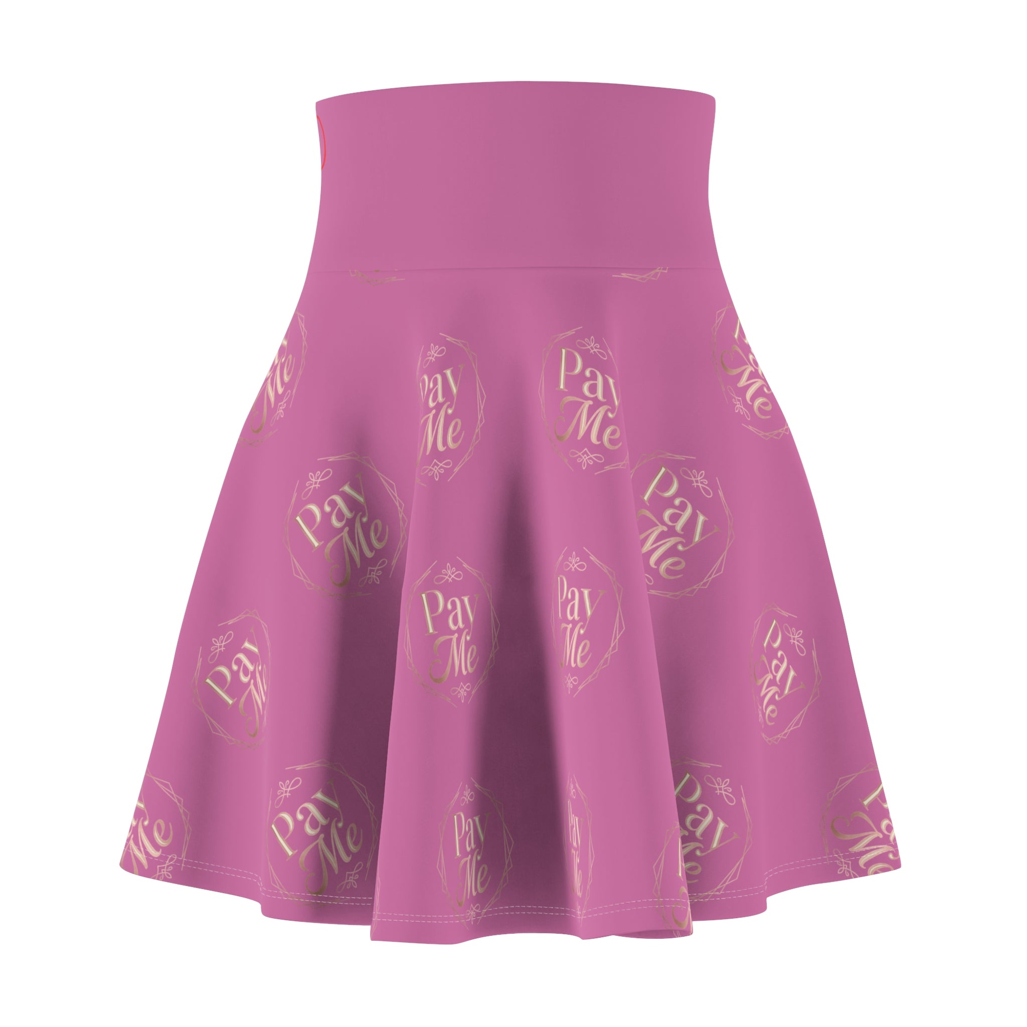 Pink skater skirt with repeating gold "Pay Me" text print, Goddesses collection by Findom Attire