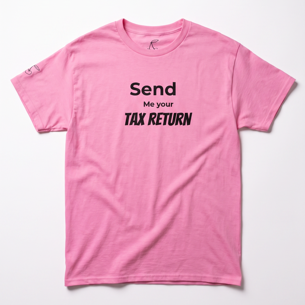 A pink short-sleeve crewneck t-shirt with black text on the front reading 'Send Me your TAX RETURN', laid flat against a light gray background.