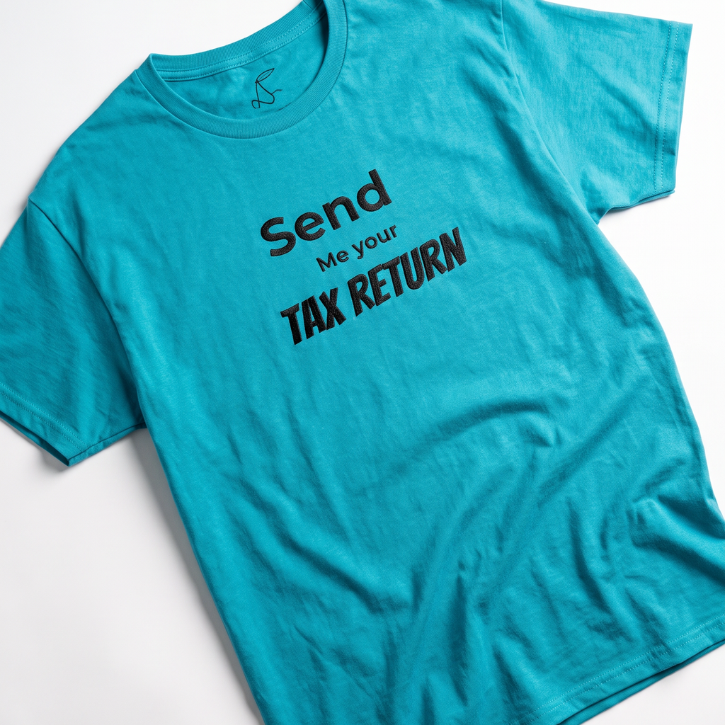 A turquoise blue short-sleeve t-shirt with black text reading 'Send me your TAX RETURN' printed on the front, laid flat on a white background.