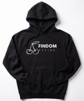 A black pullover hoodie with a white graphic on the chest depicting two cherries and the text 'FINDOM ATTIRE', displayed flat against a light gray background.
