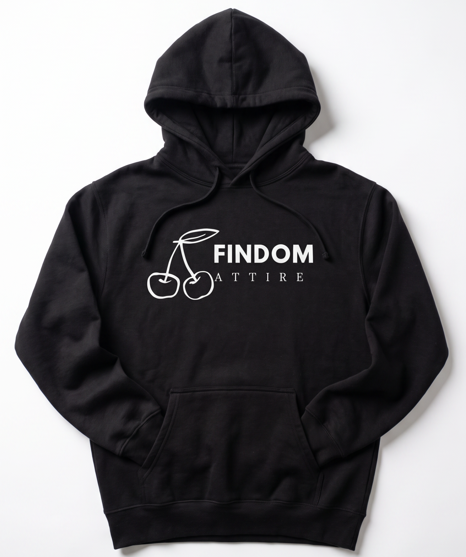 A black pullover hoodie with a white graphic on the chest depicting two cherries and the text 'FINDOM ATTIRE', displayed flat against a light gray background.