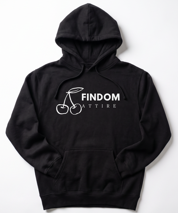 A black pullover hoodie with a white graphic on the chest depicting two cherries and the text 'FINDOM ATTIRE', displayed flat against a light gray background.