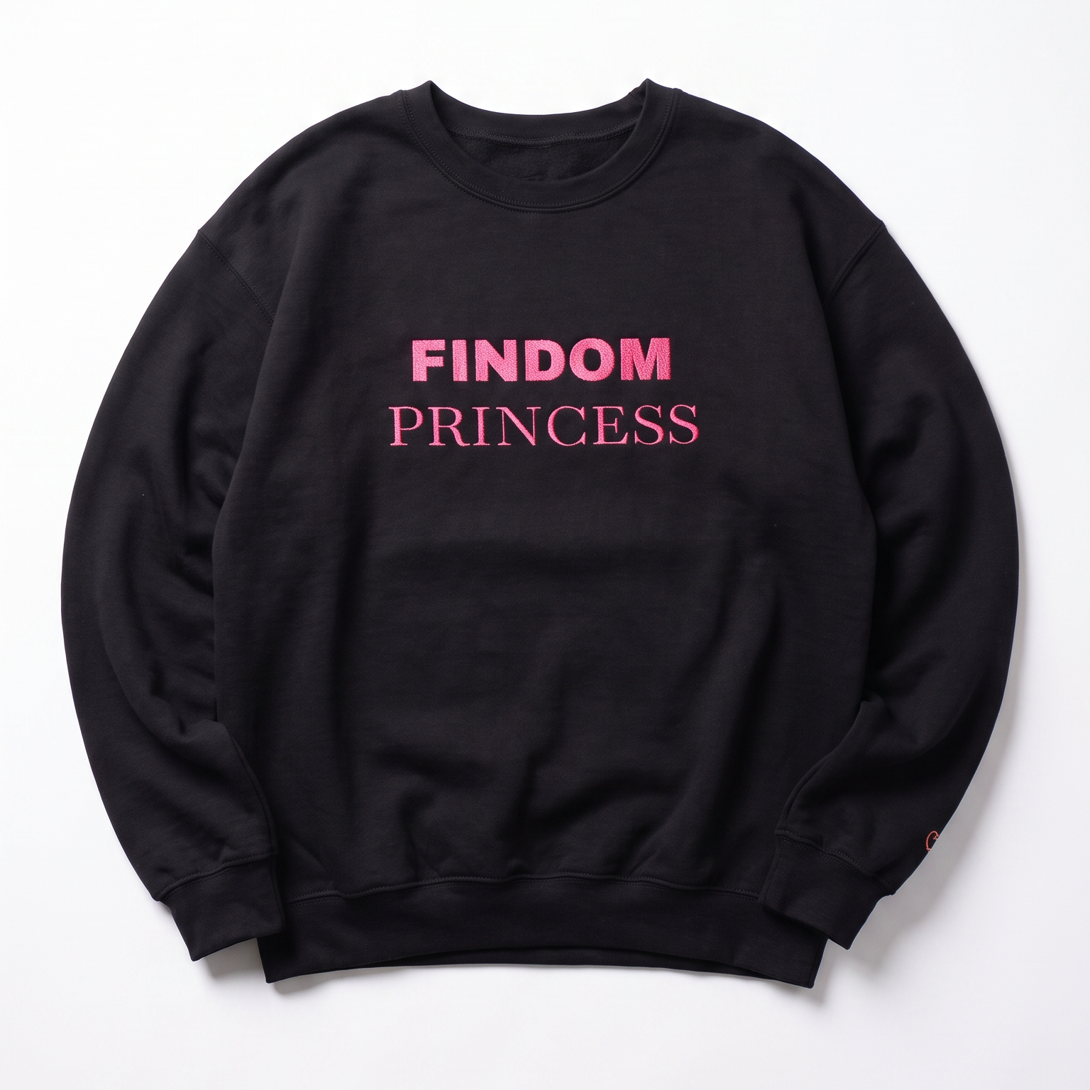 A black crewneck sweatshirt with 'FINDOM PRINCESS' printed in pink text across the chest, displayed flat against a light gray background.
